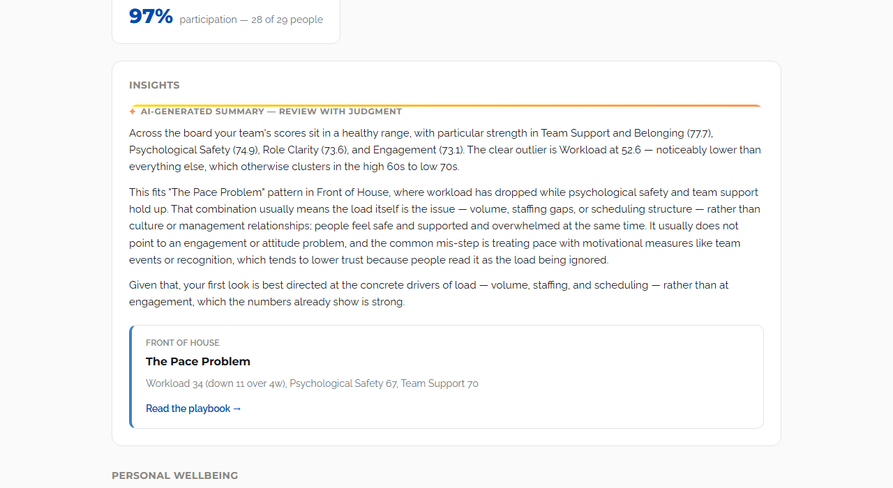 ELEVANE HR dashboard insights card showing an AI-generated summary, labelled "AI-generated — review with judgment", identifying two organisational patterns