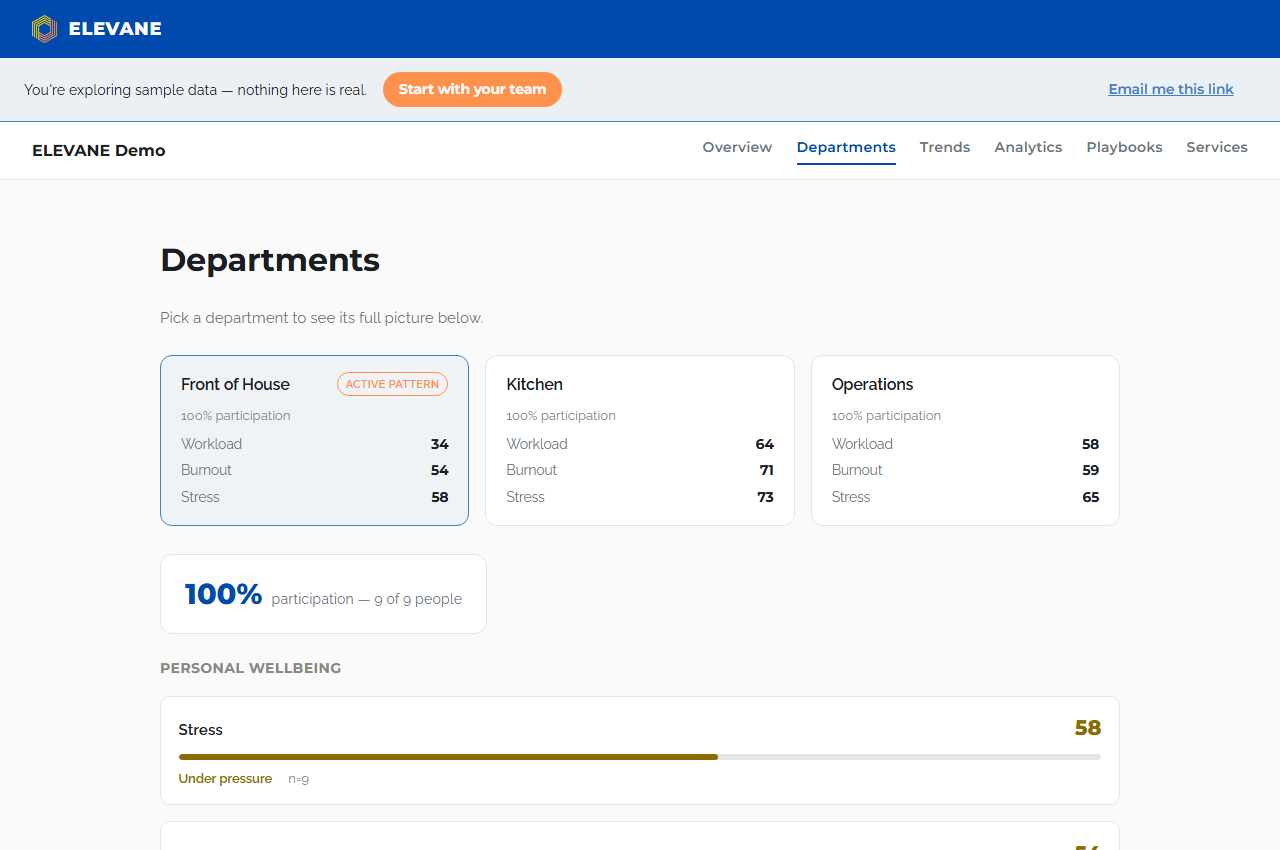 ELEVANE HR dashboard Departments view showing department cards with participation and domain scores, scoped to teams large enough to protect anonymity